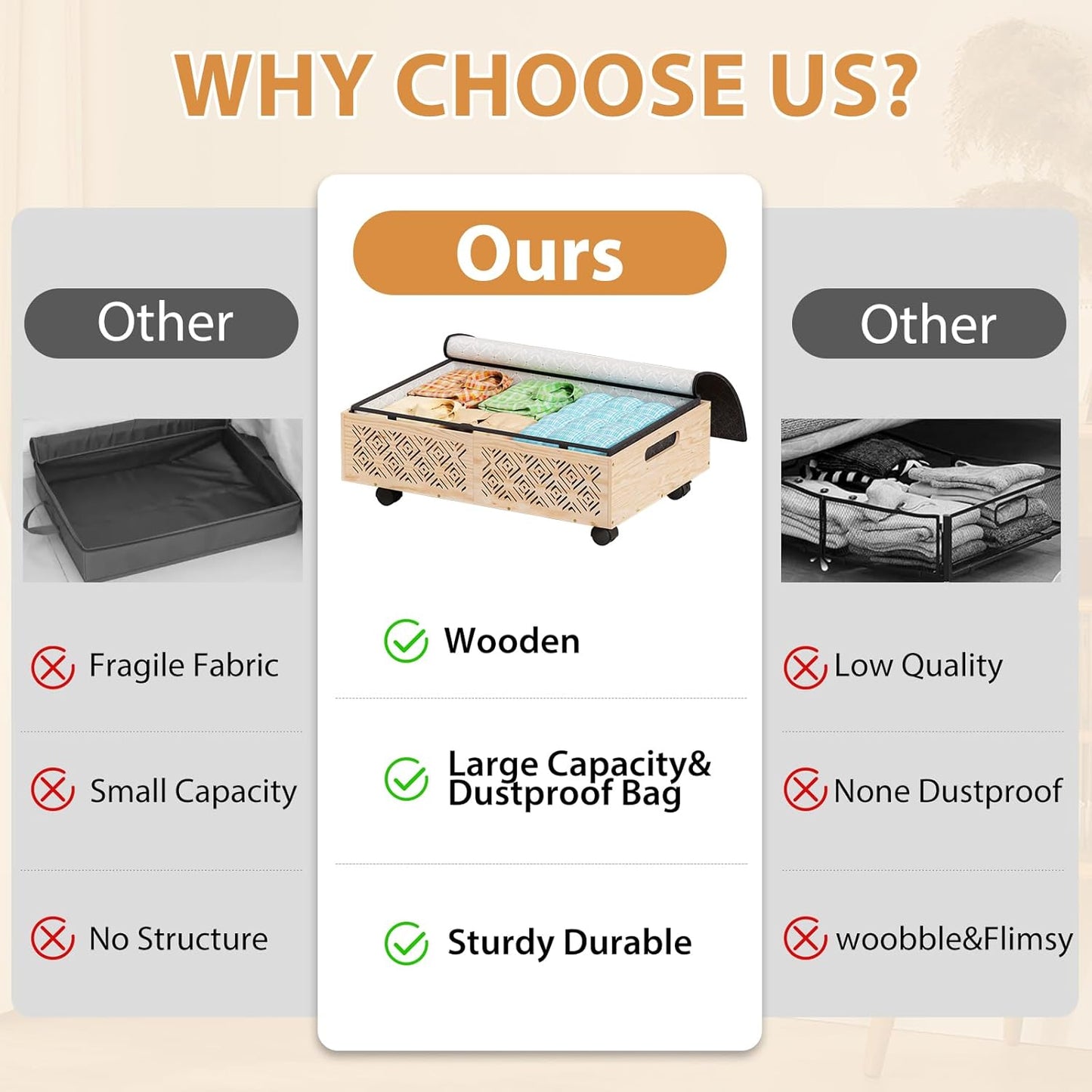 Under Bed Storage Containers-2 Pack Wooden Underbed Organizer with Wheels with Large Capacity Dust Bag, Stackable Under Bed Drawer Storage