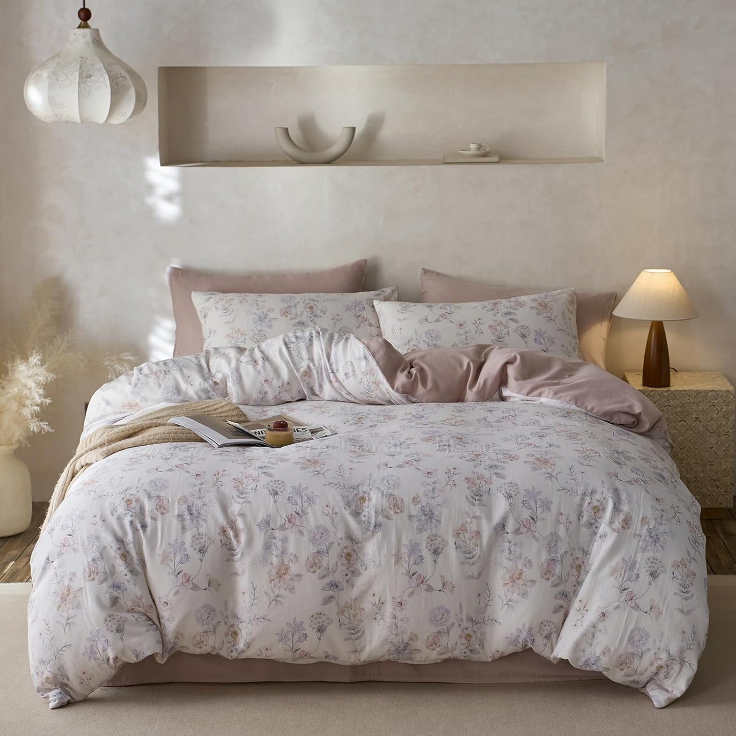 VM VOUGEMARKET Purple Green Duvet Cover Queen,3 Pieces Retro Boho Medallion Jacquard Flower Bedding Set,Linen Cotton Yarn-Dyed Textured Duvet Cover with Zipper Closure