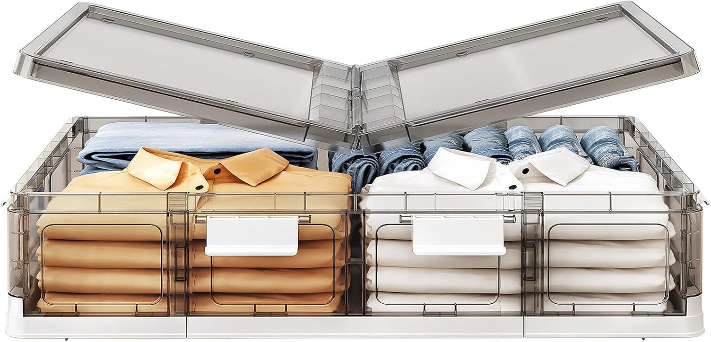 Kitstorack 2 Pack Plastic Under Bed Storage Bins with Lids and 8 Pre-installed Wheels,Rolling Low Rrofile Under bed Containers Box for Clothes Shoes, 37.8 Qt, Long, Clear, Flat, Large