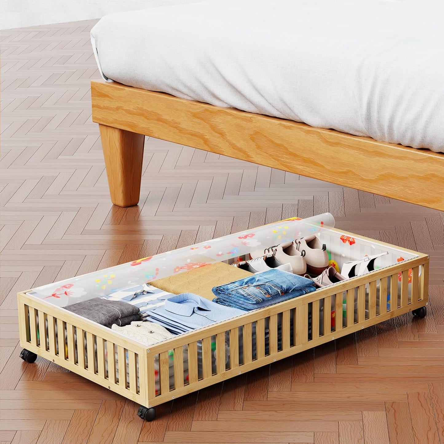 Bamboo Under Bed Storage Containers with Wheels, 40L UnderBed Drawers with Dust Bag, Breathable Under Bed Shoe Storage, Rolling UnderBed Clothes Storage, 2Pack