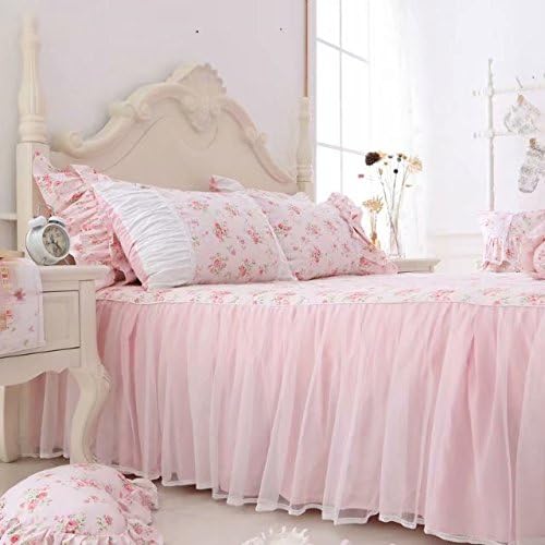 LELVA Romantic Roses Print Duvet Cover Set with Bed Skirt Pink Lace Ruffle Floral Shabby Chic Bedding Sets Full 4 Piece