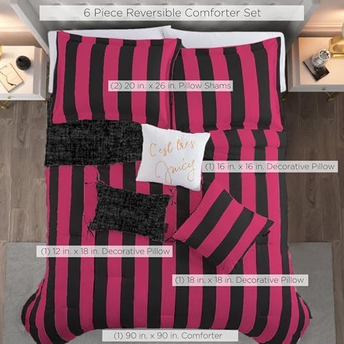 Juicy Couture Cabana Stripe Reversible Bedding Set - Queen/Full Size - Black and Hot Pink Stripe Print – 6 Piece Set – Includes 1 90" x 90" Comforter, 3 Decorative Pillows, 2 Shams