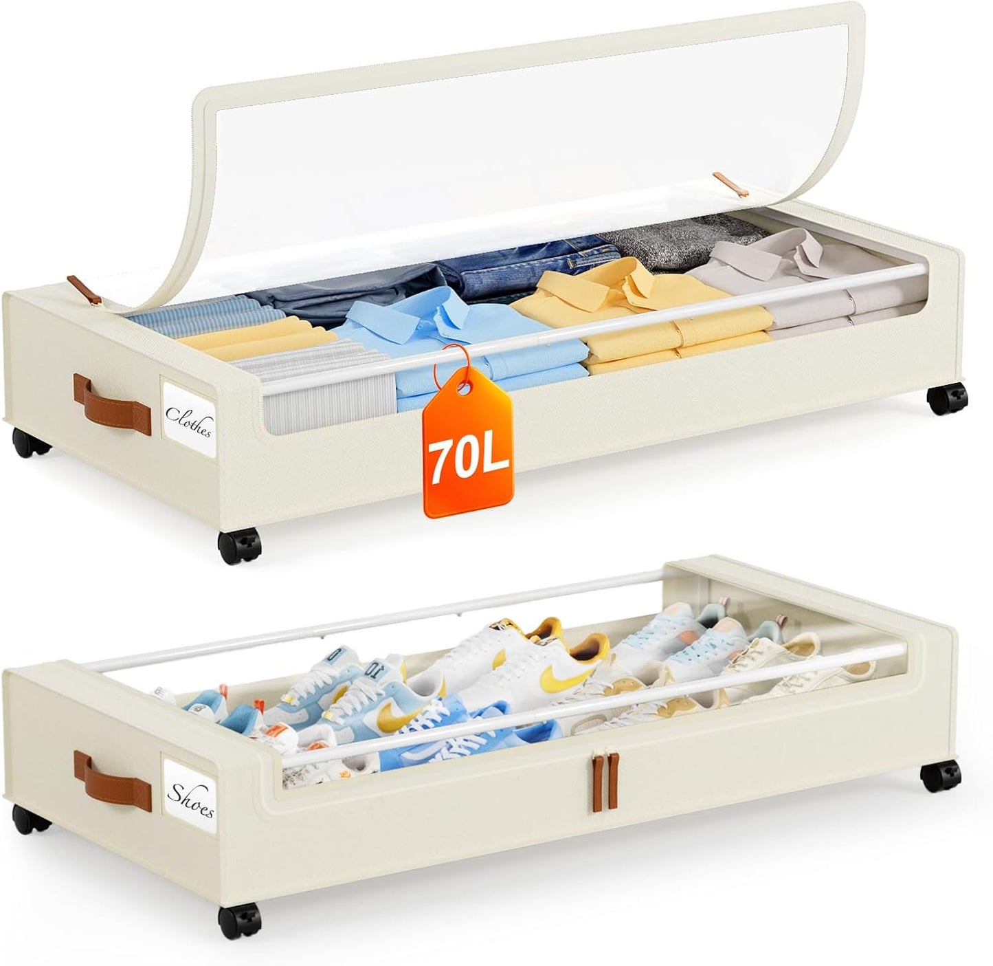 Yecaye Under Bed Storage with Wheels 2 Pack, 85L Extra Large Under Bed Storage Containers with Metal Frame & Clear Lid, Rolling Underbed Organizer Bins Drawers for Clothes, Shoes, Blankets, Hemp Grey