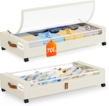 Yecaye Under Bed Storage with Wheels 2 Pack, 85L Extra Large Under Bed Storage Containers with Metal Frame & Clear Lid, Rolling Underbed Organizer Bins Drawers for Clothes, Shoes, Blankets, Hemp Grey