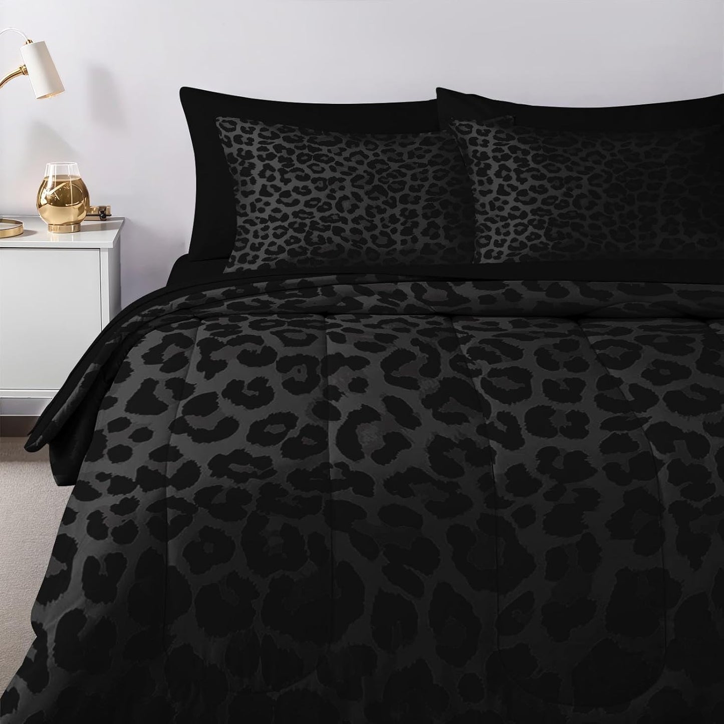 Nesker 7 Pcs Comforter Set Queen Size, Leopard Print Wild Animal Bedding Set for Kids and Adults, Black Grey African Cheetah Wildlife Sheets Bed Sheet Sets with Fitted Sheet 2 Pillowcases & 2 Shams
