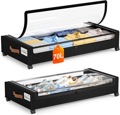 Yecaye Under Bed Storage with Wheels 2 Pack, 85L Extra Large Under Bed Storage Containers with Metal Frame & Clear Lid, Rolling Underbed Organizer Bins Drawers for Clothes, Shoes, Blankets, Hemp Grey