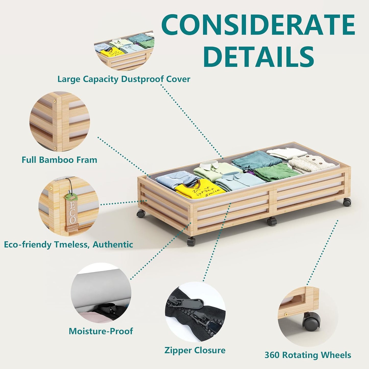 Wisuce Bamboo Under Bed Storage Containers- Underbed Organizer with Wheels with Large Dust Bag,Sturdy Wood Rolling Under the Bed Shoe Storage Organizer Drawer 2 Packs (Nature, Long)