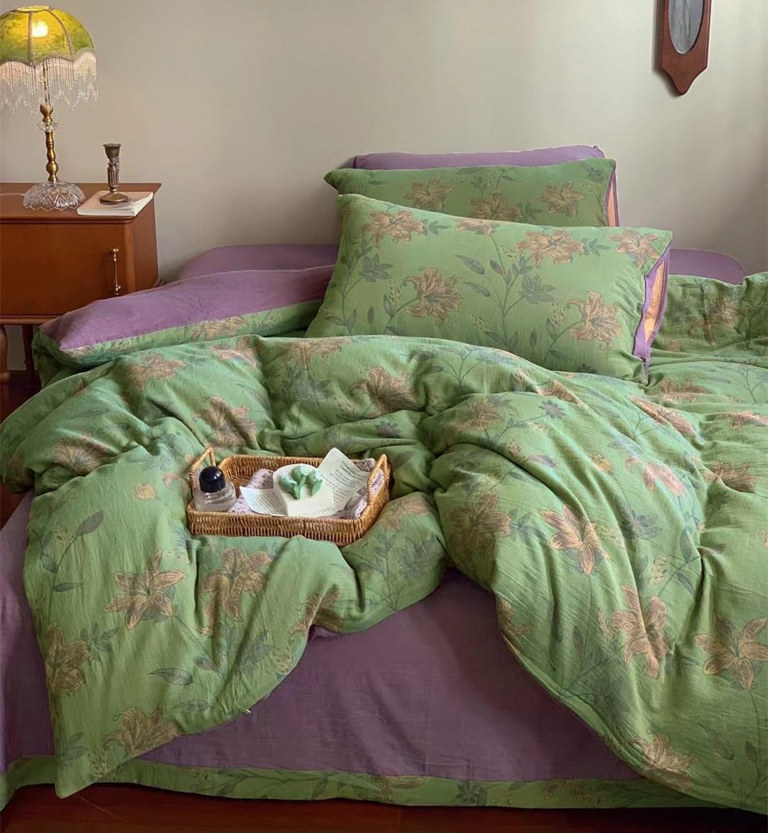 VM VOUGEMARKET Purple Green Duvet Cover Queen,3 Pieces Retro Boho Medallion Jacquard Flower Bedding Set,Linen Cotton Yarn-Dyed Textured Duvet Cover with Zipper Closure