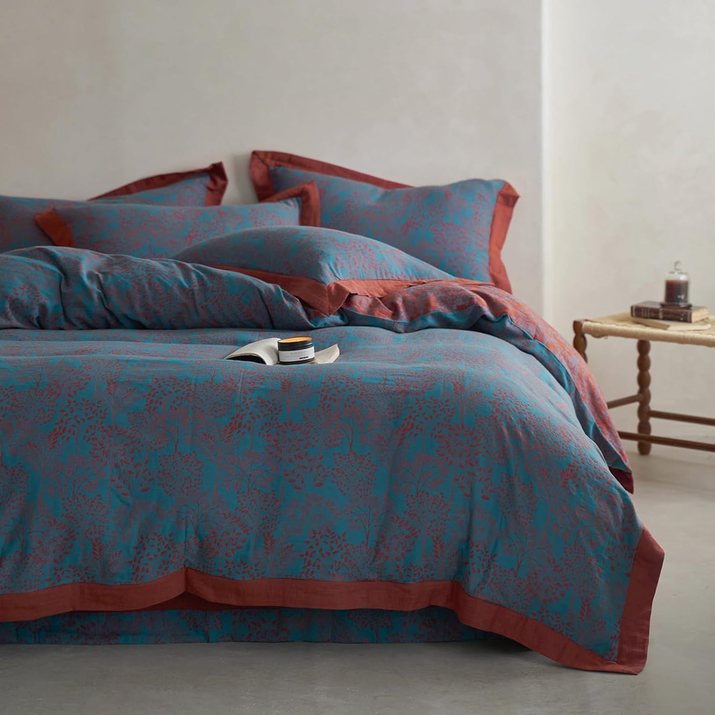 VM VOUGEMARKET Purple Green Duvet Cover Queen,3 Pieces Retro Boho Medallion Jacquard Flower Bedding Set,Linen Cotton Yarn-Dyed Textured Duvet Cover with Zipper Closure