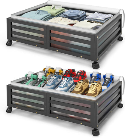 Under Bed Storage with Wheels-Large Bamboo Underbed storage Containers with Large Dust Bag Stackable Under the Bed Shoe Storage Bins for Clothes Books Bedding (2 Packs Black, 33.07"L×16.54"W× 6.5"H)
