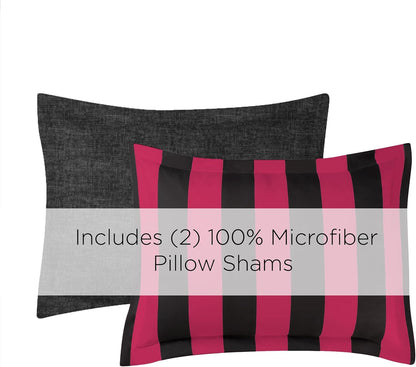 Juicy Couture Cabana Stripe Reversible Bedding Set - Queen/Full Size - Black and Hot Pink Stripe Print – 6 Piece Set – Includes 1 90" x 90" Comforter, 3 Decorative Pillows, 2 Shams