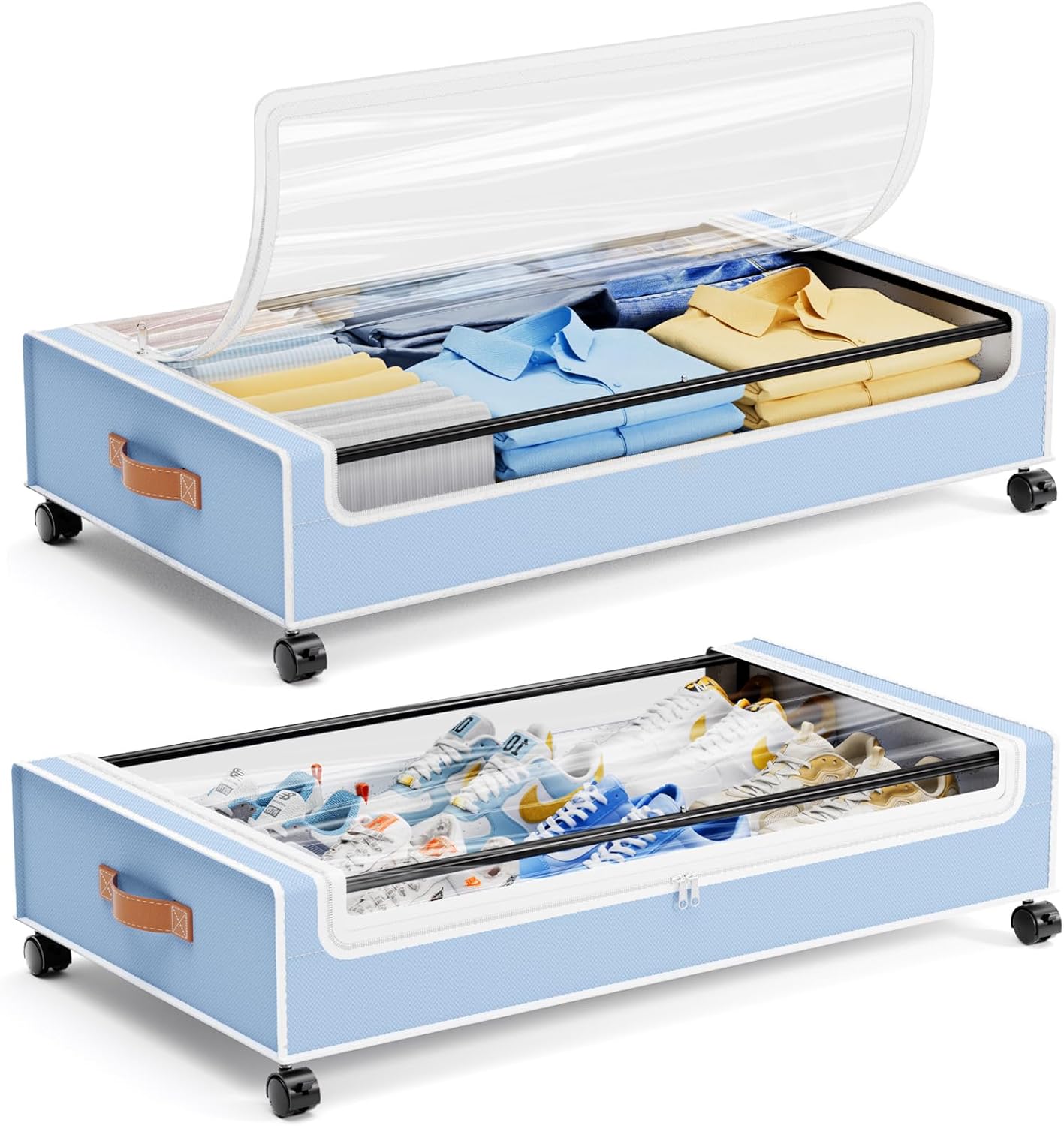 Yecaye Under Bed Storage with Wheels 2 Pack, 85L Extra Large Under Bed Storage Containers with Metal Frame & Clear Lid, Rolling Underbed Organizer Bins Drawers for Clothes, Shoes, Blankets, Hemp Grey