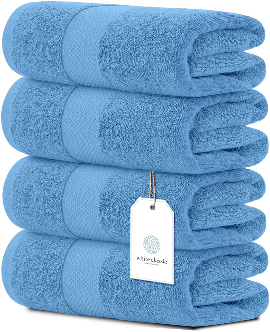 White Classic Luxury Bath Towels Set of 4 Large - 700 GSM Turkish Cotton Ultra Soft Bath Towels 27x54 | Highly Absorbent and Quick Dry | Hotel Towels for Bathroom Luxury, Plush Shower Towels, White