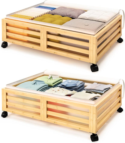 Under Bed Storage with Wheels-Large Bamboo Underbed storage Containers with Large Dust Bag Stackable Under the Bed Shoe Storage Bins for Clothes Books Bedding (2 Packs Black, 33.07"L×16.54"W× 6.5"H)