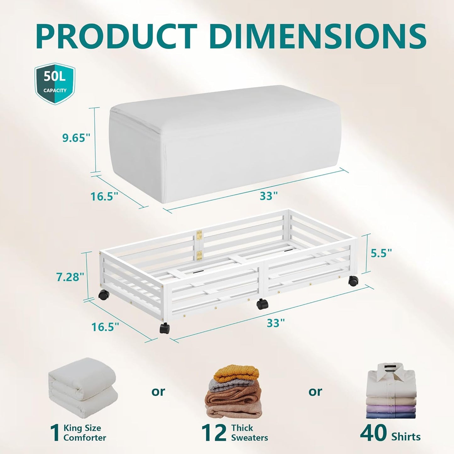 Wisuce Bamboo Under Bed Storage Containers- Underbed Organizer with Wheels with Large Dust Bag,Sturdy Wood Rolling Under the Bed Shoe Storage Organizer Drawer 2 Packs (White, Long)
