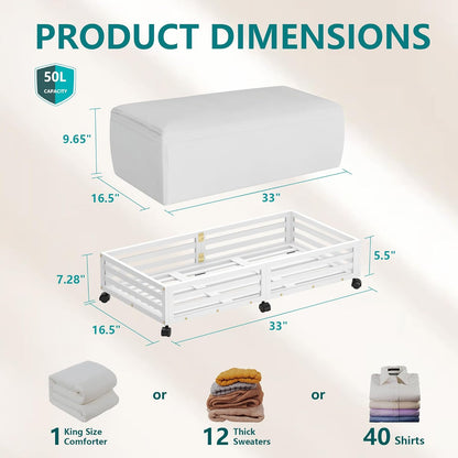 Wisuce Bamboo Under Bed Storage Containers- Underbed Organizer with Wheels with Large Dust Bag,Sturdy Wood Rolling Under the Bed Shoe Storage Organizer Drawer 2 Packs (White, Long)