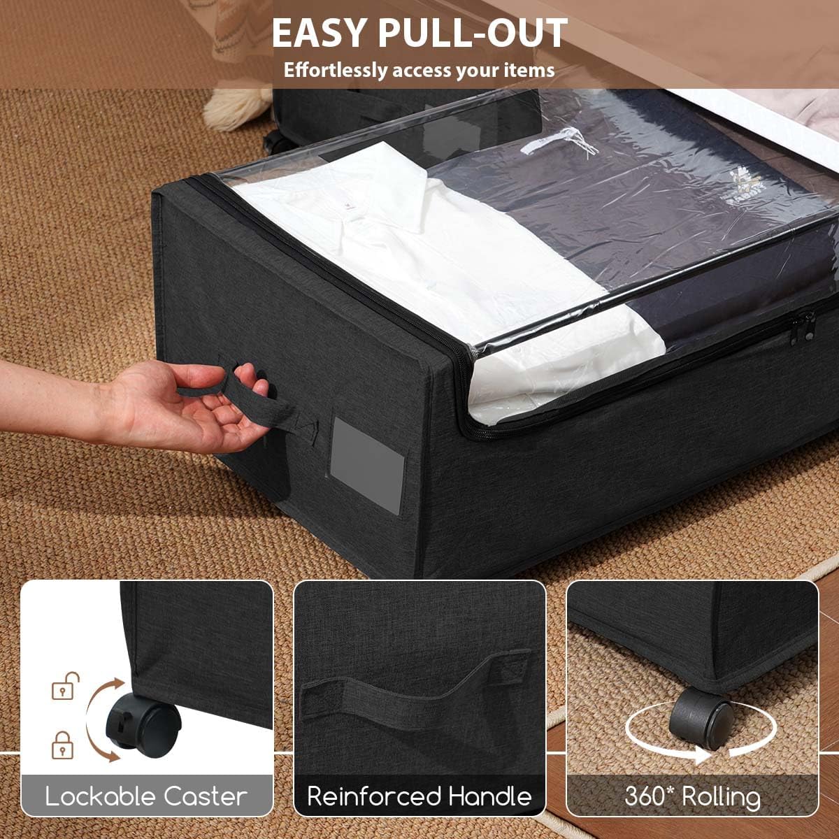 Under Bed Storage with Wheels, Under The Bed Storage Drawers On Wheels, Rolling Underbed Drawers, Lockable, Heavy Duty, XXXXL Size 90L