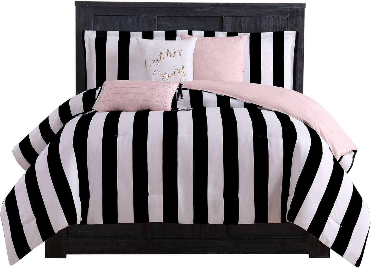 Juicy Couture Cabana Stripe Reversible Bedding Set - Queen/Full Size - Black and Hot Pink Stripe Print – 6 Piece Set – Includes 1 90" x 90" Comforter, 3 Decorative Pillows, 2 Shams