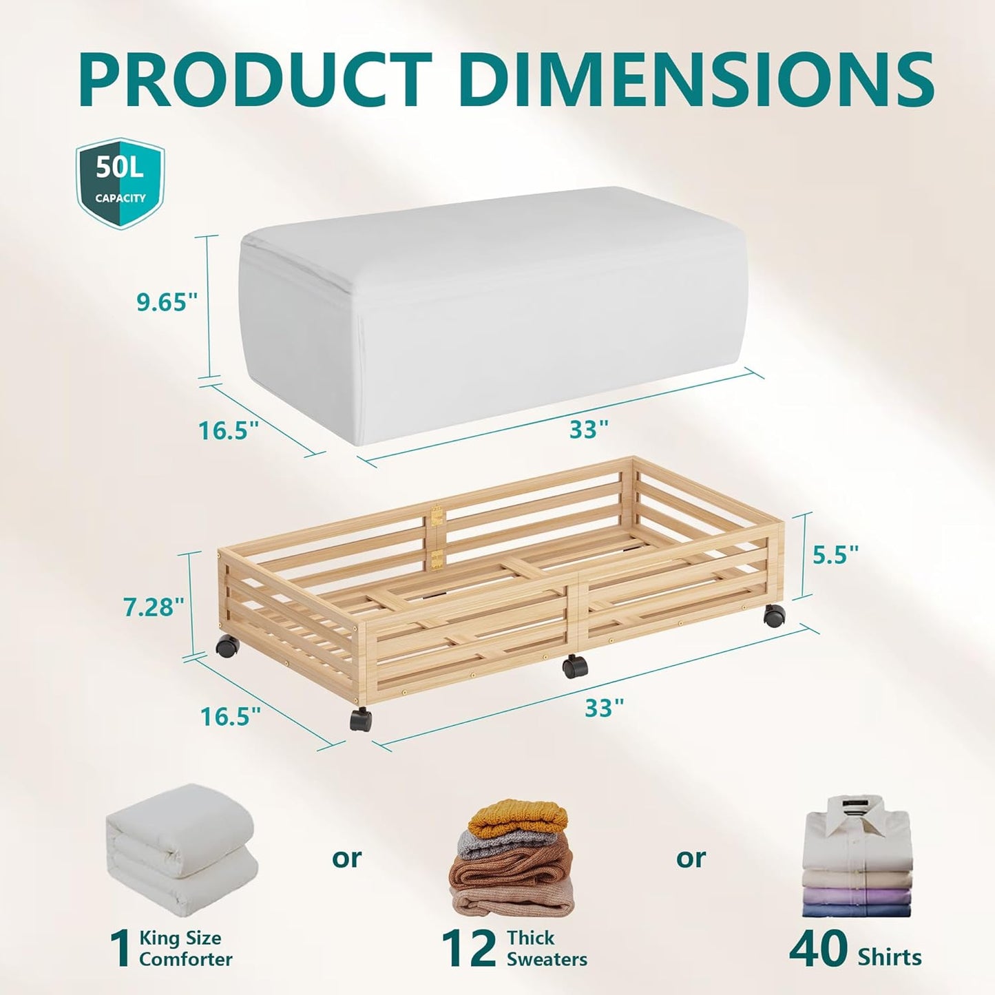 Wisuce Bamboo Under Bed Storage Containers- Underbed Organizer with Wheels with Large Dust Bag,Sturdy Wood Rolling Under the Bed Shoe Storage Organizer Drawer 2 Packs (Nature, Long)