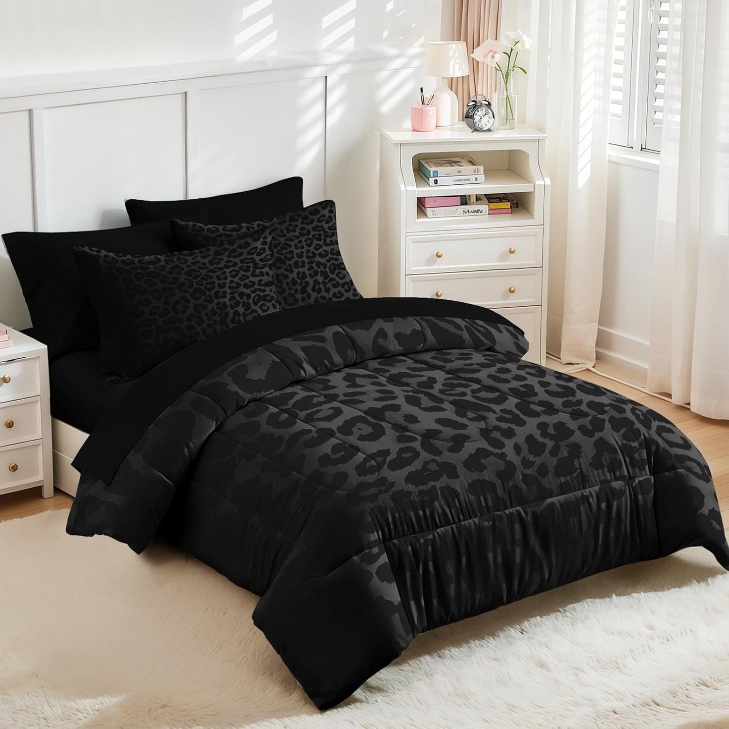 Nesker 7 Pcs Comforter Set Queen Size, Leopard Print Wild Animal Bedding Set for Kids and Adults, Black Grey African Cheetah Wildlife Sheets Bed Sheet Sets with Fitted Sheet 2 Pillowcases & 2 Shams