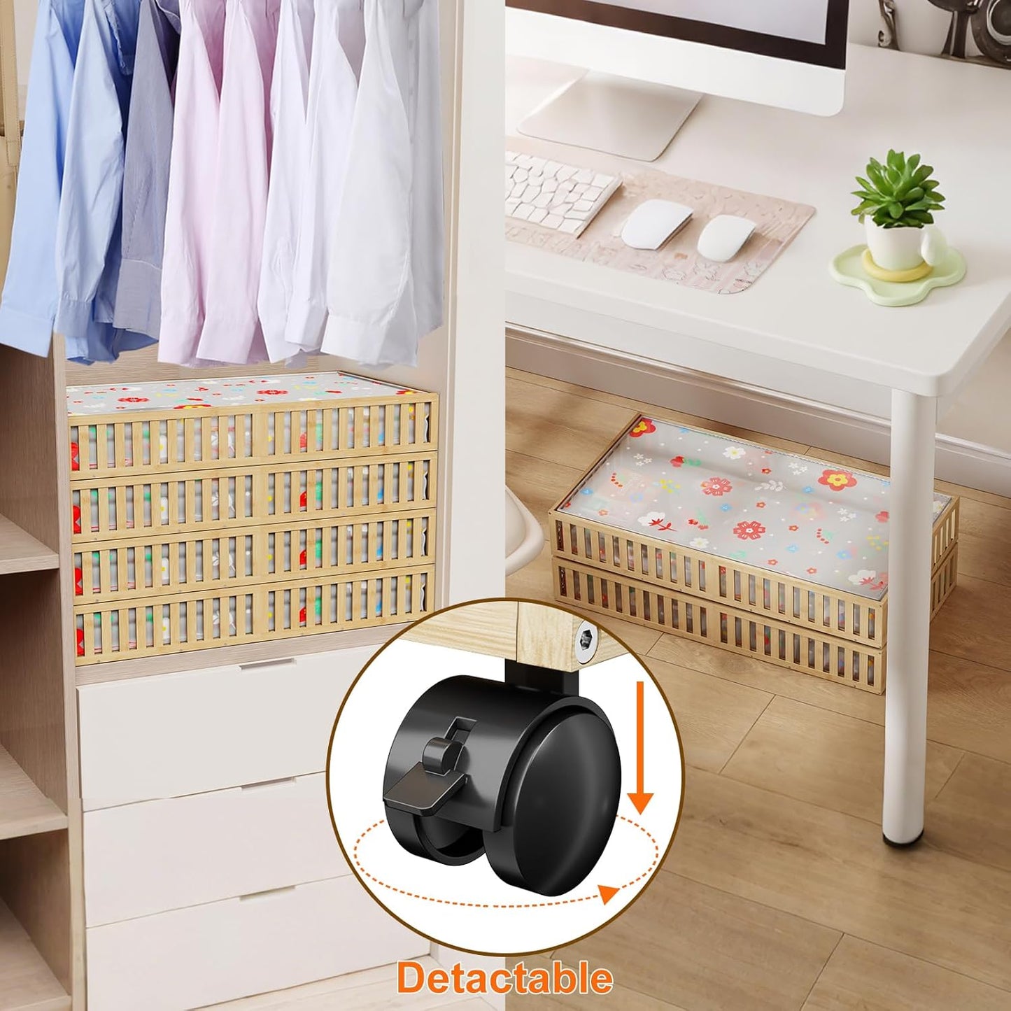 Bamboo Under Bed Storage Containers with Wheels, 40L UnderBed Drawers with Dust Bag, Breathable Under Bed Shoe Storage, Rolling UnderBed Clothes Storage, 2Pack