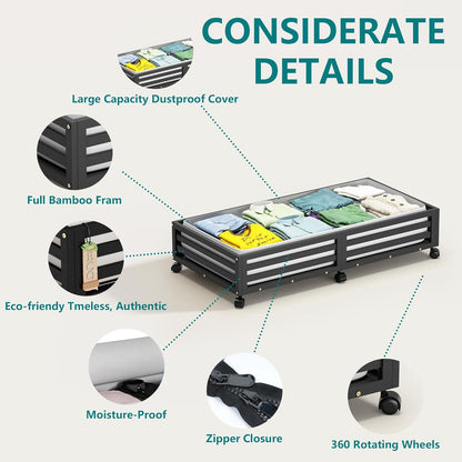 Bamboo Under Bed Storage Containers- Underbed Organizer with Wheels with Large Capacity Dust Bag,Sturdy Wood Rolling Under Bed Shoe Storage Organizer 2 Packs (Black, 2 Packs (33.07"×16.54"))