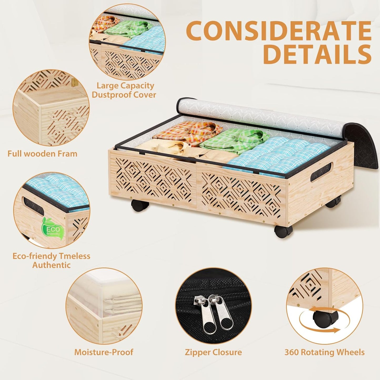 Under Bed Storage Containers-2 Pack Wooden Underbed Organizer with Wheels with Large Capacity Dust Bag, Stackable Under Bed Drawer Storage