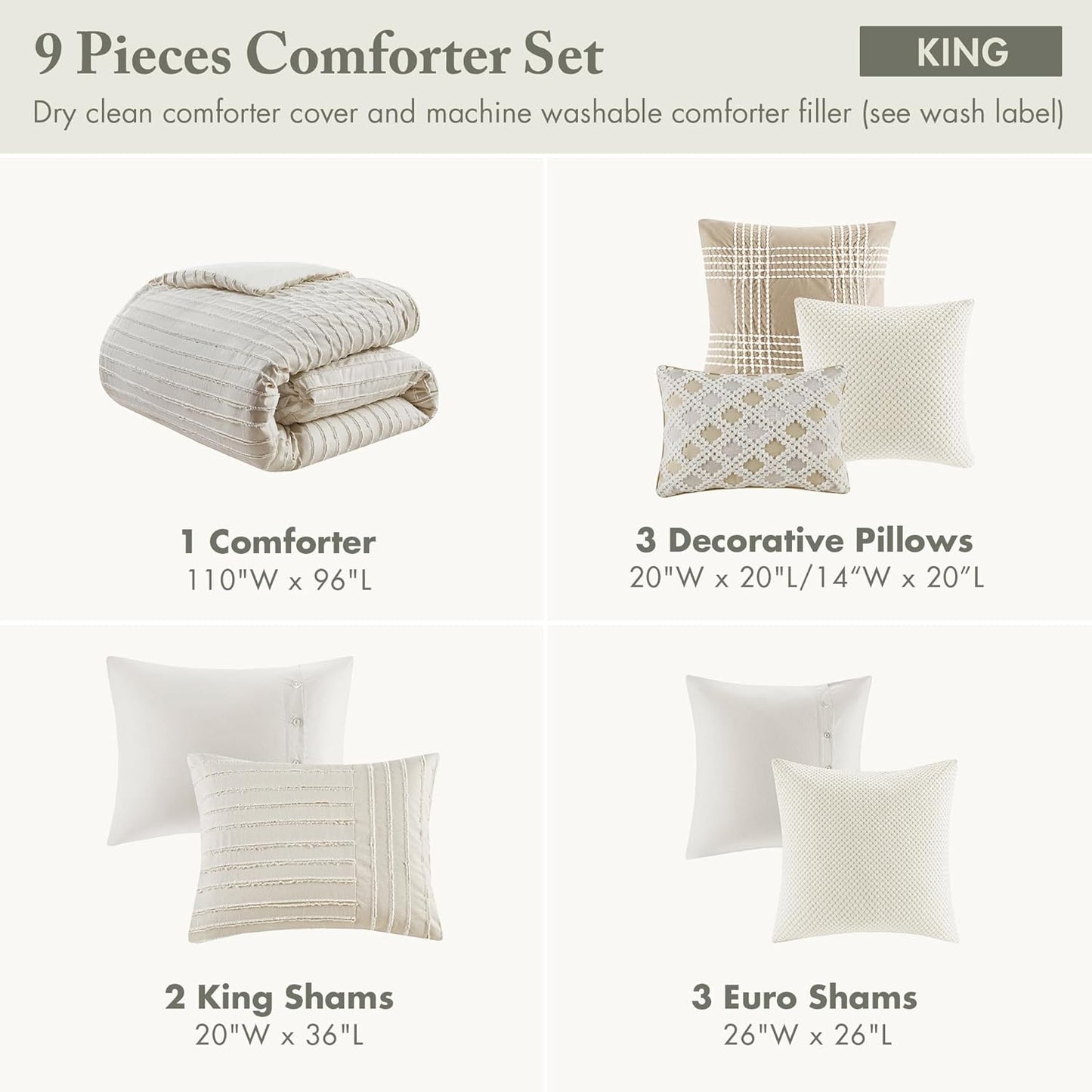 Madison Park King Comforter Set Clipped Jacquard Stripes with Buttons Boho Comforter for a King-Size Bed, Cotton Oversized Comforters with Removable Cover Boho Bedding, King Ivory 9 Piece