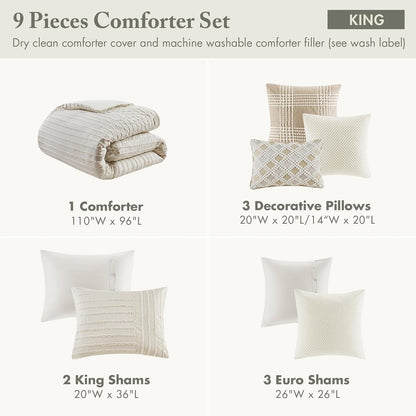 Madison Park King Comforter Set Clipped Jacquard Stripes with Buttons Boho Comforter for a King-Size Bed, Cotton Oversized Comforters with Removable Cover Boho Bedding, King Ivory 9 Piece