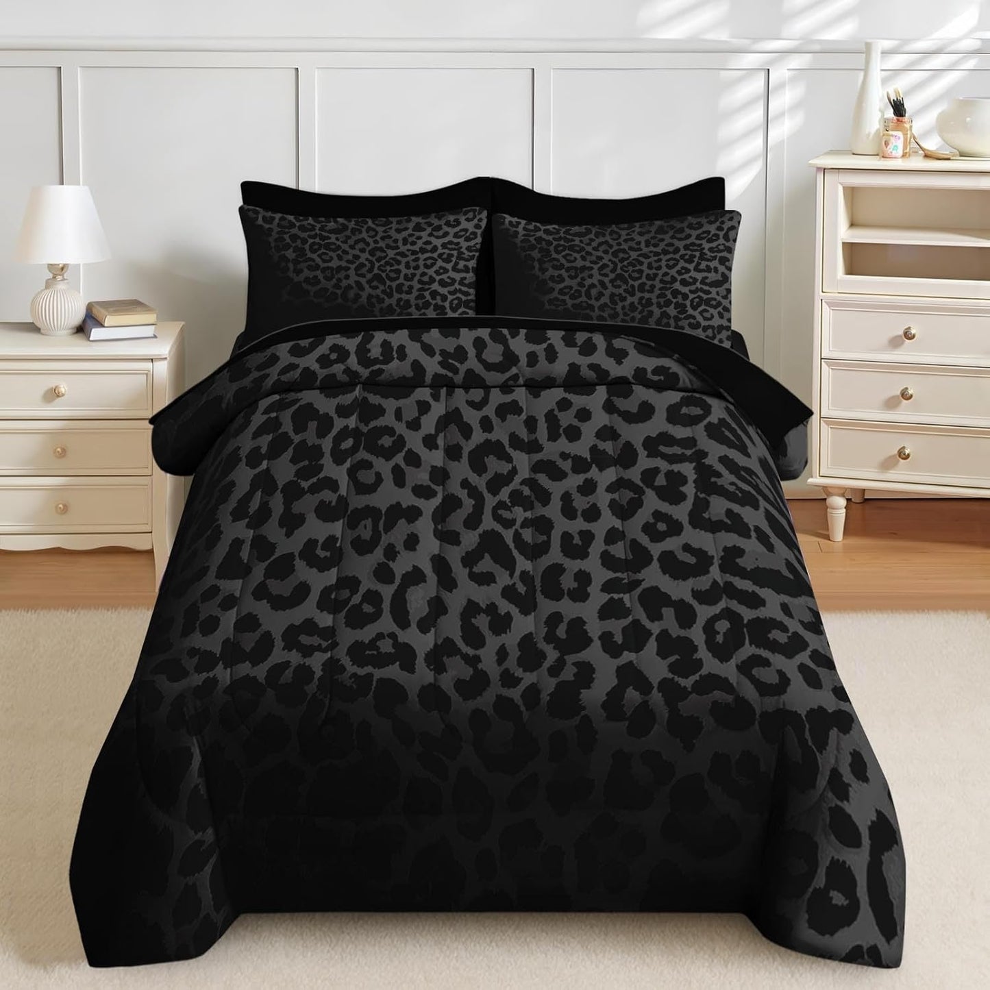 Nesker 7 Pcs Comforter Set Queen Size, Leopard Print Wild Animal Bedding Set for Kids and Adults, Black Grey African Cheetah Wildlife Sheets Bed Sheet Sets with Fitted Sheet 2 Pillowcases & 2 Shams
