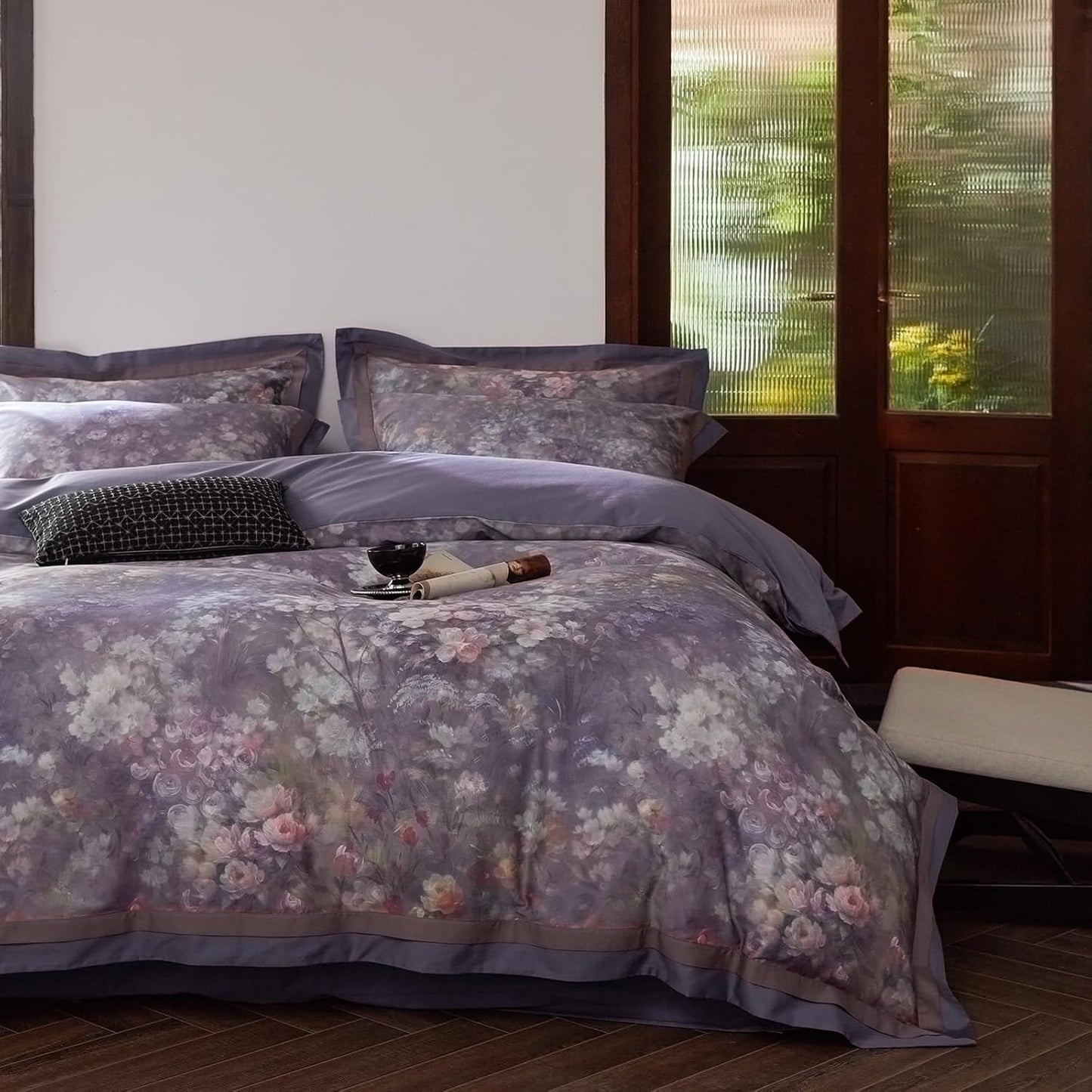 VM VOUGEMARKET Purple Green Duvet Cover Queen,3 Pieces Retro Boho Medallion Jacquard Flower Bedding Set,Linen Cotton Yarn-Dyed Textured Duvet Cover with Zipper Closure