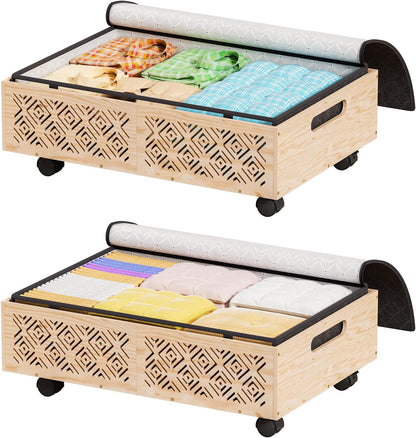 Under Bed Storage Containers-2 Pack Wooden Underbed Organizer with Wheels with Large Capacity Dust Bag, Stackable Under Bed Drawer Storage