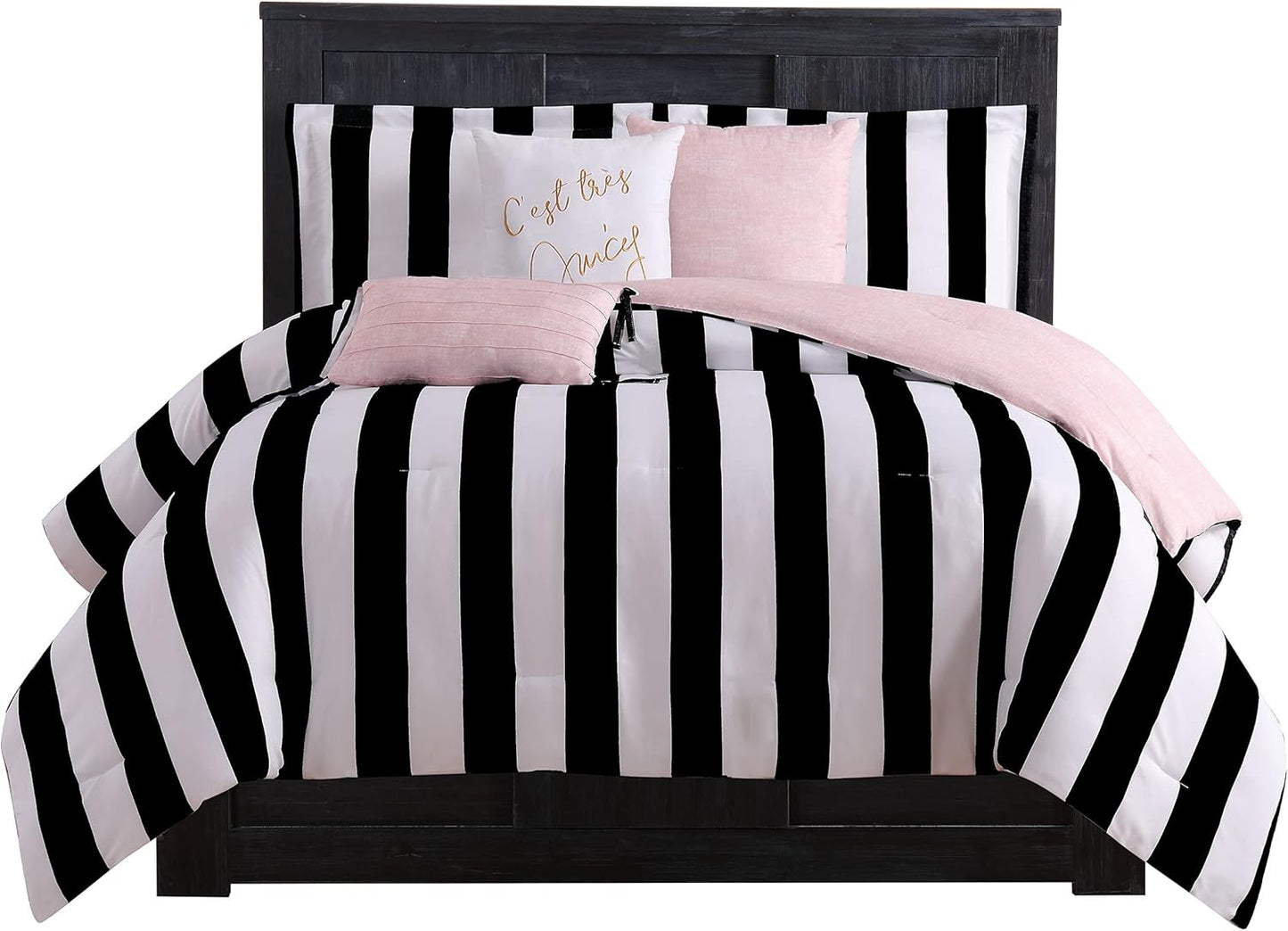 Juicy Couture Cabana Stripe Reversible Bedding Set - Queen/Full Size - Black and Hot Pink Stripe Print – 6 Piece Set – Includes 1 90" x 90" Comforter, 3 Decorative Pillows, 2 Shams