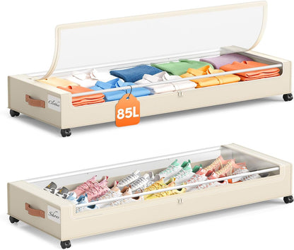 Yecaye Under Bed Storage with Wheels 2 Pack, 85L Extra Large Under Bed Storage Containers with Metal Frame & Clear Lid, Rolling Underbed Organizer Bins Drawers for Clothes, Shoes, Blankets, Hemp Grey