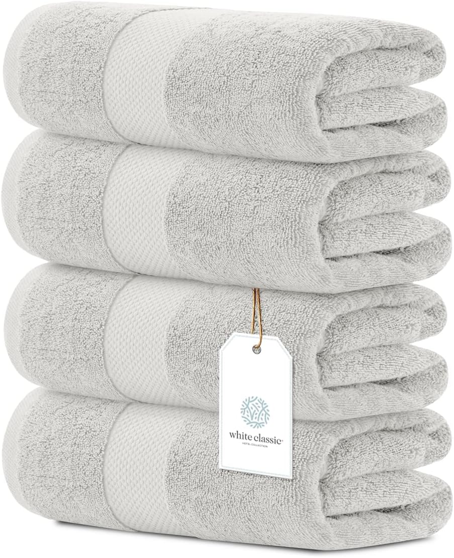 White Classic Luxury Bath Towels Set of 4 Large - 700 GSM Turkish Cotton Ultra Soft Bath Towels 27x54 | Highly Absorbent and Quick Dry | Hotel Towels for Bathroom Luxury, Plush Shower Towels, White