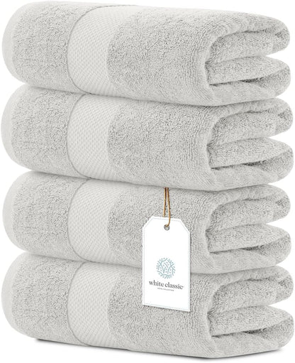 White Classic Luxury Bath Towels Set of 4 Large - 700 GSM Turkish Cotton Ultra Soft Bath Towels 27x54 | Highly Absorbent and Quick Dry | Hotel Towels for Bathroom Luxury, Plush Shower Towels, White
