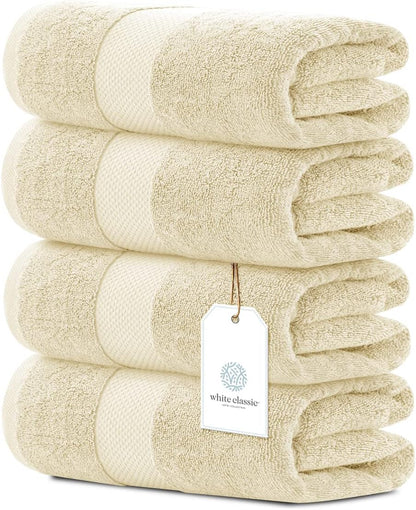 White Classic Luxury Bath Towels Set of 4 Large - 700 GSM Turkish Cotton Ultra Soft Bath Towels 27x54 | Highly Absorbent and Quick Dry | Hotel Towels for Bathroom Luxury, Plush Shower Towels, White