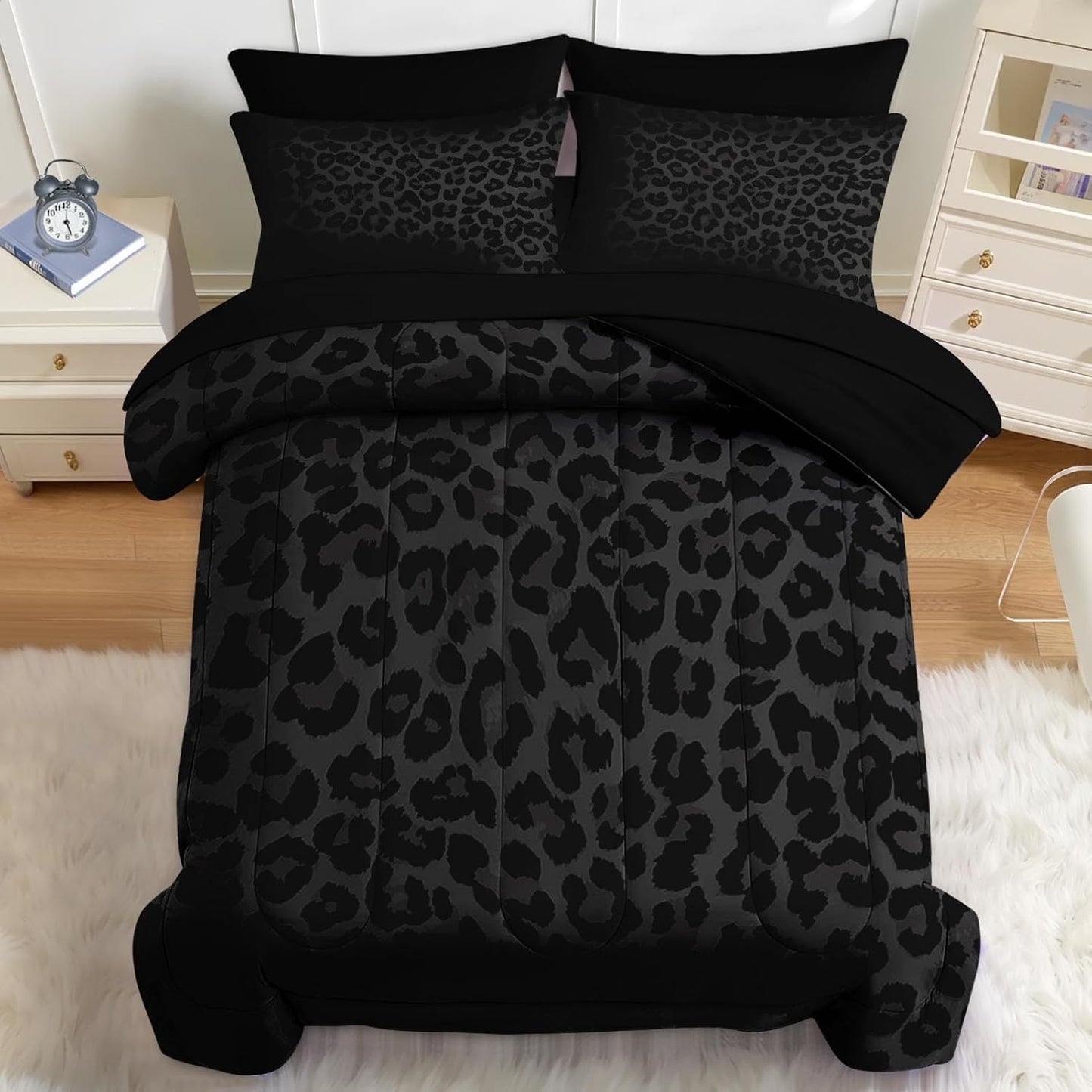 Nesker 7 Pcs Comforter Set Queen Size, Leopard Print Wild Animal Bedding Set for Kids and Adults, Black Grey African Cheetah Wildlife Sheets Bed Sheet Sets with Fitted Sheet 2 Pillowcases & 2 Shams