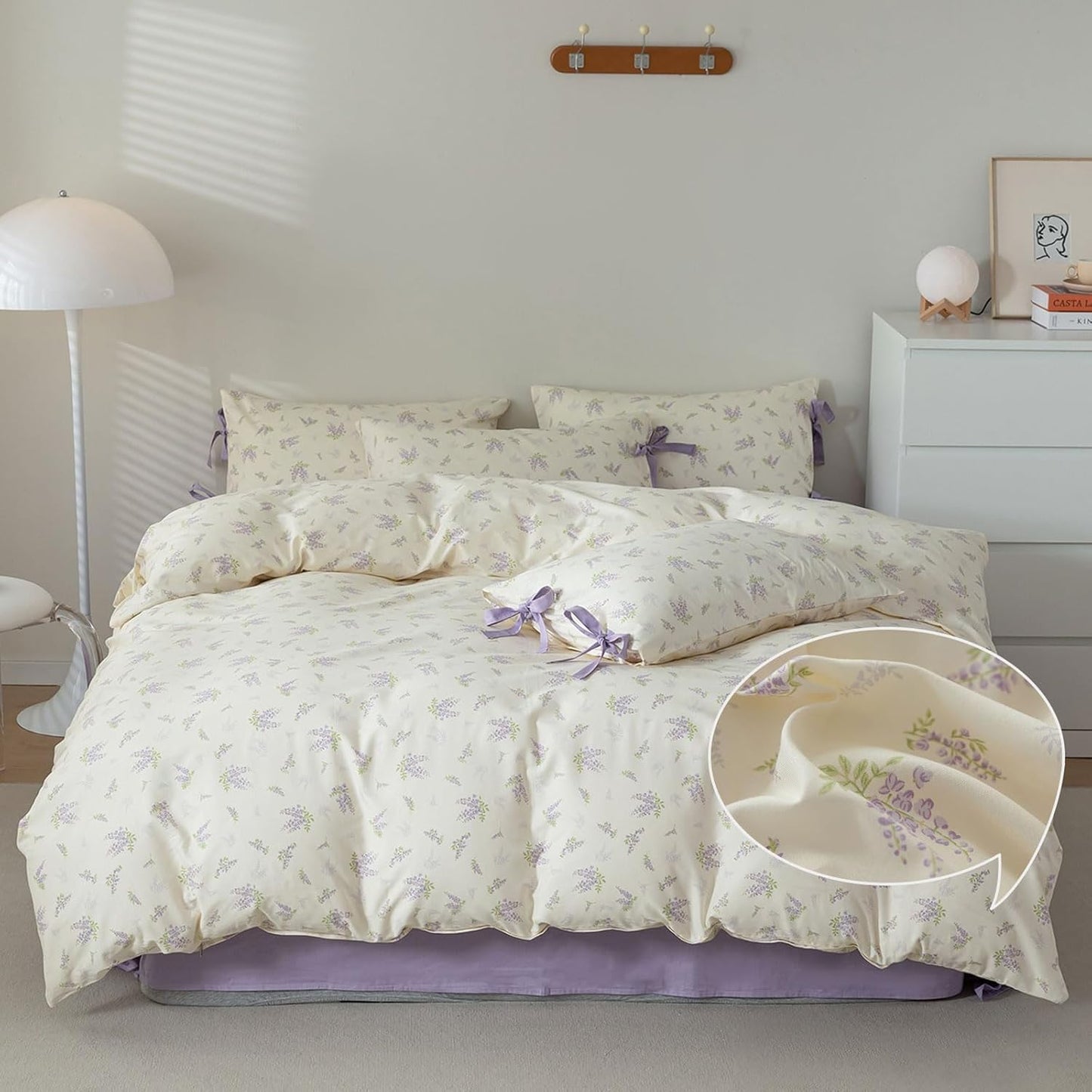 VM VOUGEMARKET Purple Green Duvet Cover Queen,3 Pieces Retro Boho Medallion Jacquard Flower Bedding Set,Linen Cotton Yarn-Dyed Textured Duvet Cover with Zipper Closure