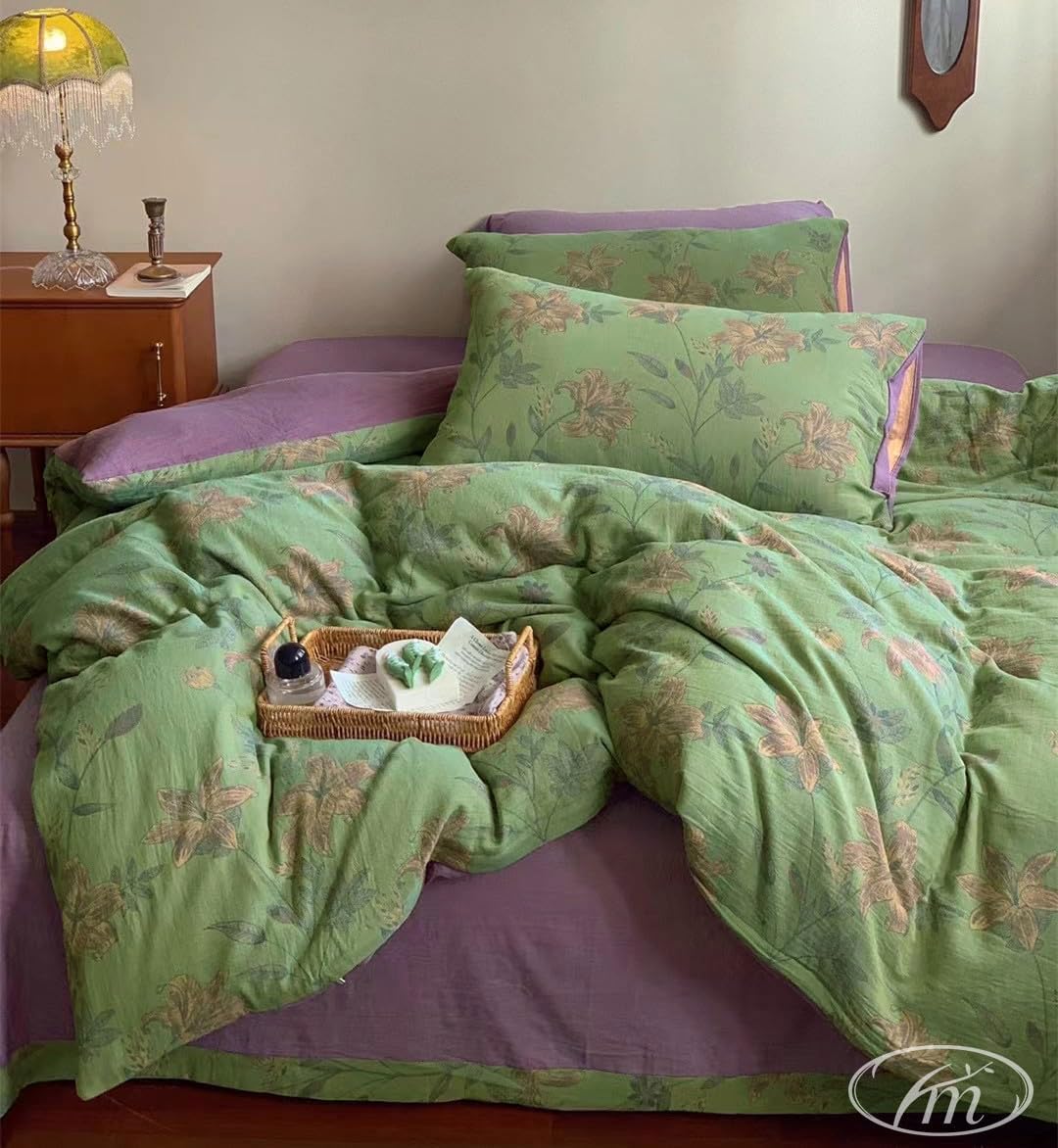 VM VOUGEMARKET Purple Green Duvet Cover Queen,3 Pieces Retro Boho Medallion Jacquard Flower Bedding Set,Linen Cotton Yarn-Dyed Textured Duvet Cover with Zipper Closure