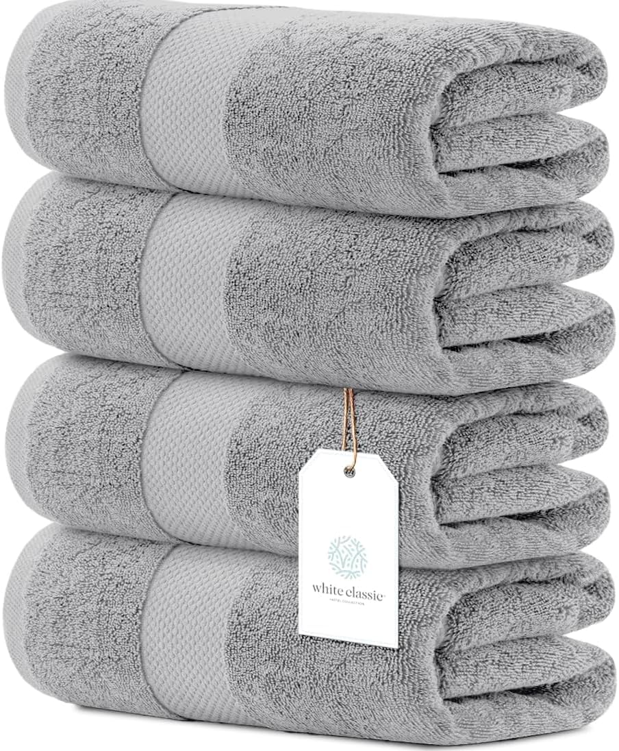 White Classic Luxury Bath Towels Set of 4 Large - 700 GSM Turkish Cotton Ultra Soft Bath Towels 27x54 | Highly Absorbent and Quick Dry | Hotel Towels for Bathroom Luxury, Plush Shower Towels, White