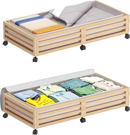 Wisuce Bamboo Under Bed Storage Containers- Underbed Organizer with Wheels with Large Dust Bag,Sturdy Wood Rolling Under the Bed Shoe Storage Organizer Drawer 2 Packs (Nature, Long)