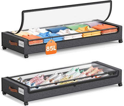Yecaye Under Bed Storage with Wheels 2 Pack, 85L Extra Large Under Bed Storage Containers with Metal Frame & Clear Lid, Rolling Underbed Organizer Bins Drawers for Clothes, Shoes, Blankets, Hemp Grey
