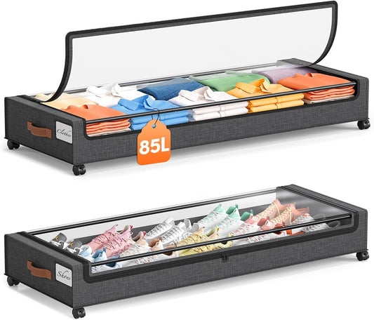 Yecaye Under Bed Storage with Wheels 2 Pack, 85L Extra Large Under Bed Storage Containers with Metal Frame & Clear Lid, Rolling Underbed Organizer Bins Drawers for Clothes, Shoes, Blankets, Hemp Grey