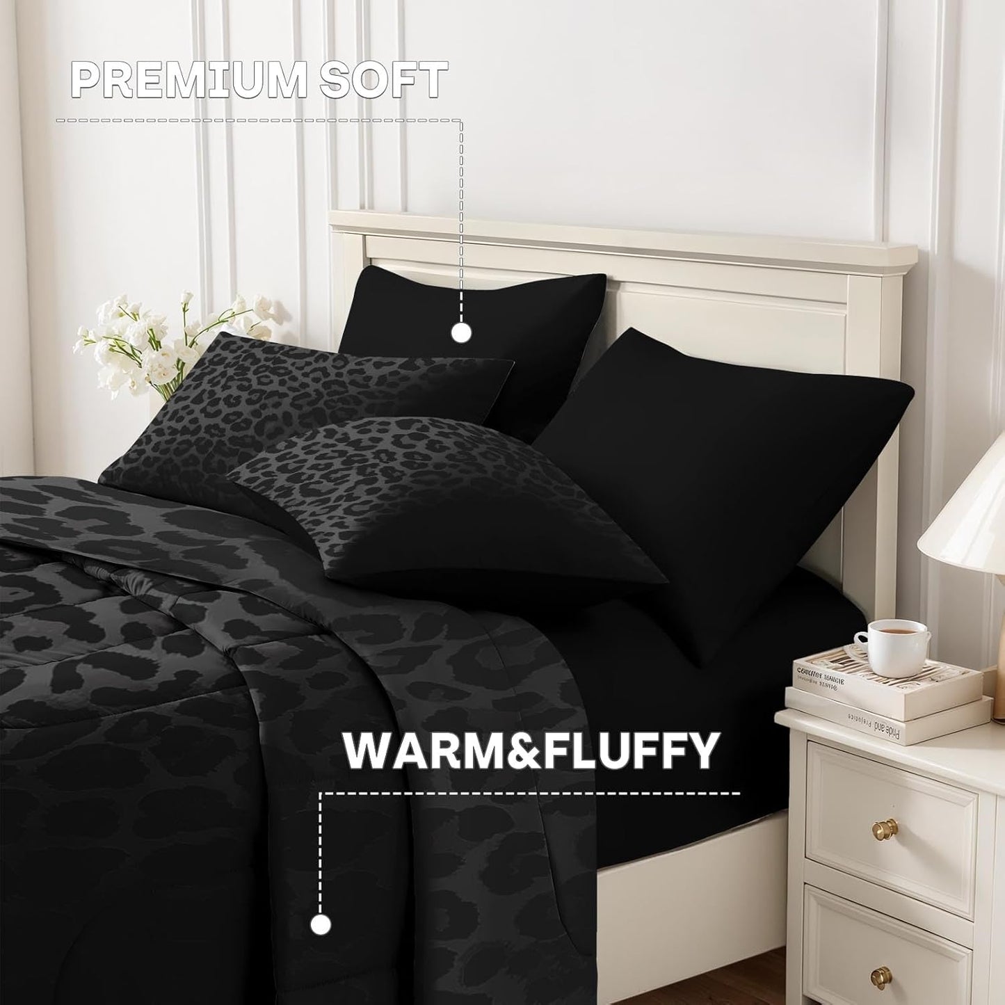 Nesker 7 Pcs Comforter Set Queen Size, Leopard Print Wild Animal Bedding Set for Kids and Adults, Black Grey African Cheetah Wildlife Sheets Bed Sheet Sets with Fitted Sheet 2 Pillowcases & 2 Shams