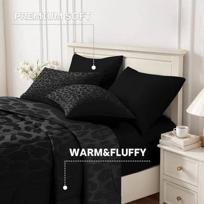 Nesker 7 Pcs Comforter Set Queen Size, Leopard Print Wild Animal Bedding Set for Kids and Adults, Black Grey African Cheetah Wildlife Sheets Bed Sheet Sets with Fitted Sheet 2 Pillowcases & 2 Shams