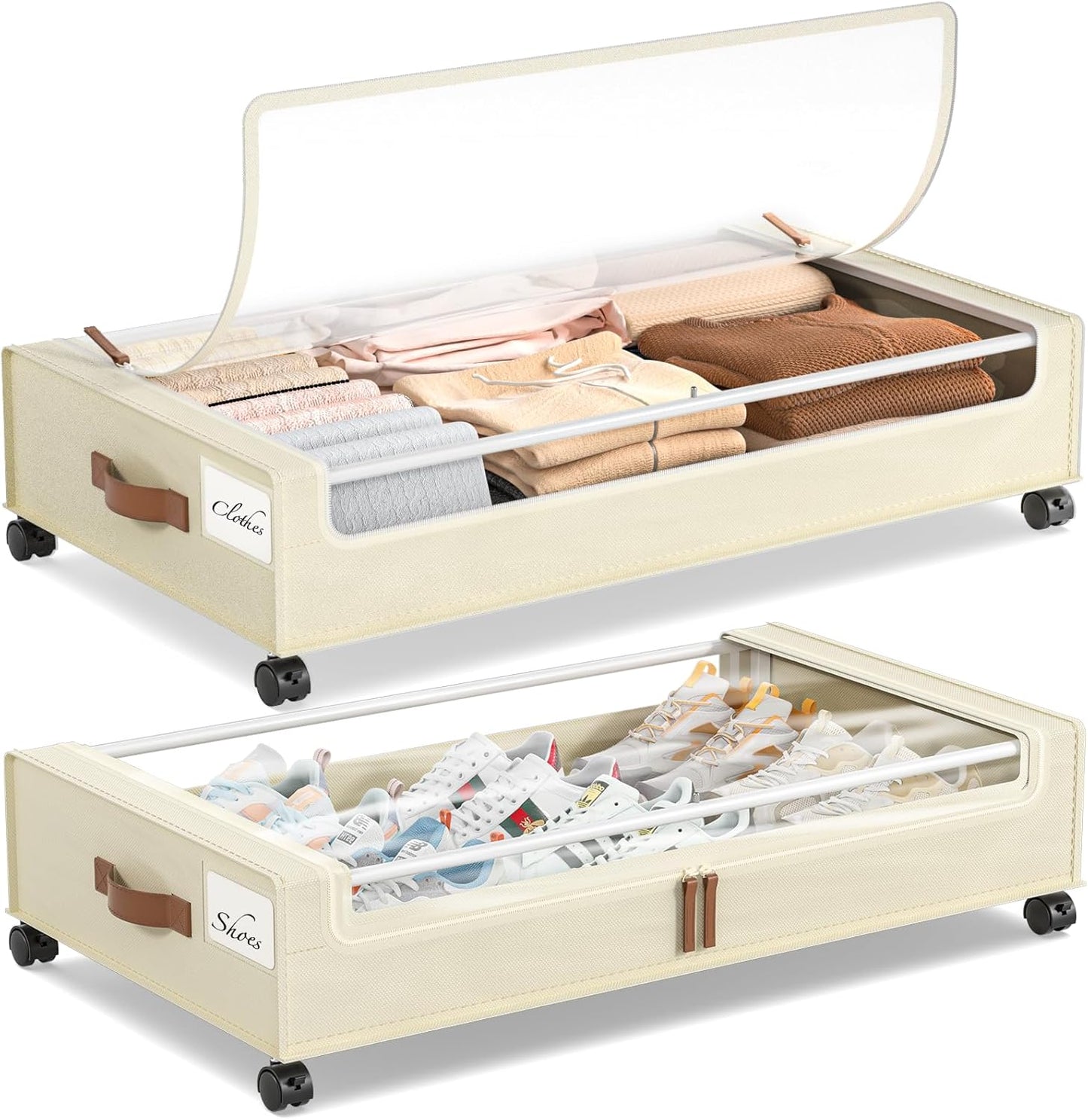 Yecaye Under Bed Storage with Wheels 2 Pack, 85L Extra Large Under Bed Storage Containers with Metal Frame & Clear Lid, Rolling Underbed Organizer Bins Drawers for Clothes, Shoes, Blankets, Hemp Grey