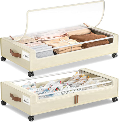 Yecaye Under Bed Storage with Wheels 2 Pack, 85L Extra Large Under Bed Storage Containers with Metal Frame & Clear Lid, Rolling Underbed Organizer Bins Drawers for Clothes, Shoes, Blankets, Hemp Grey