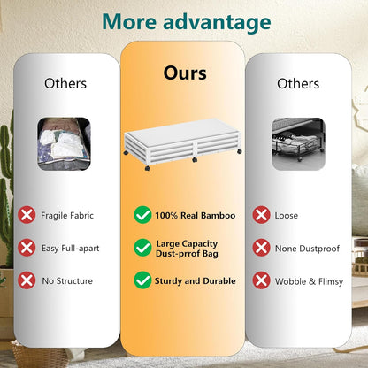 Wisuce Bamboo Under Bed Storage Containers- Underbed Organizer with Wheels with Large Dust Bag,Sturdy Wood Rolling Under the Bed Shoe Storage Organizer Drawer 2 Packs (White, Long)