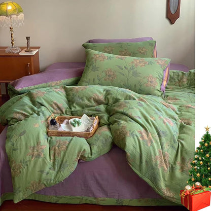 VM VOUGEMARKET Purple Green Duvet Cover Queen,3 Pieces Retro Boho Medallion Jacquard Flower Bedding Set,Linen Cotton Yarn-Dyed Textured Duvet Cover with Zipper Closure